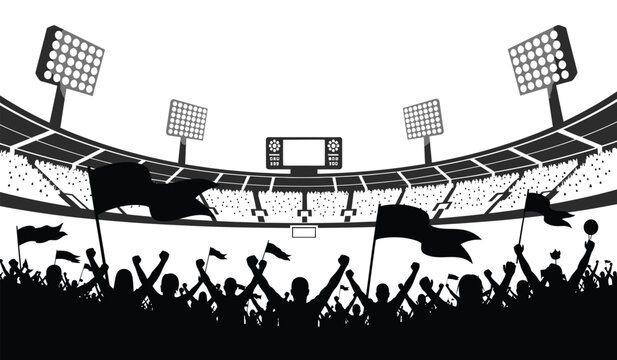 Silhouette of a lively sports stadium with cheering crowd and waving flags