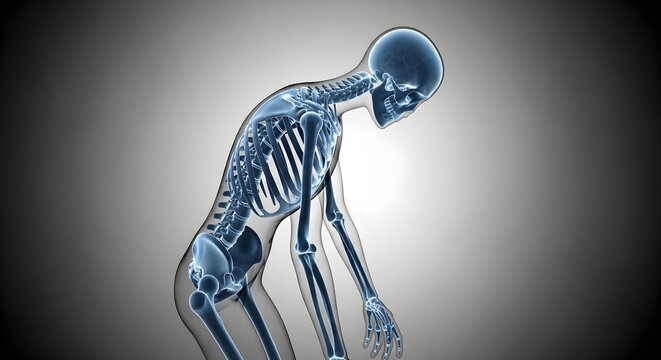 A 3d rendered image of a human skeleton in a slouched position with a grey gradient background
