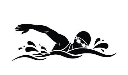 Obraz premium Silhouette of a swimmer in motion diving into water with arms outstretched and waves splashing