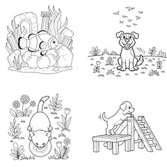 Fototapeta premium Animal adventures coloring book pages: fish, dog agility, cat in flowers, line art