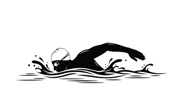 Silhouette of a swimmer in motion diving through water with dynamic splashes