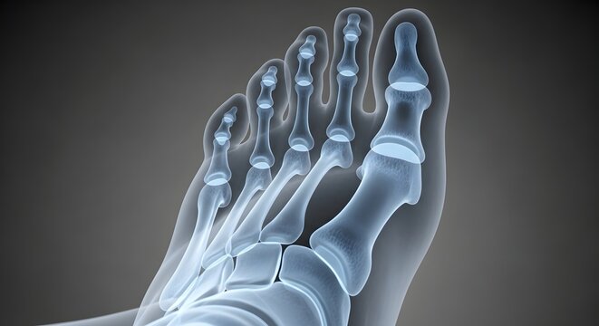 X ray image of a human foot showing bones and joints in detail