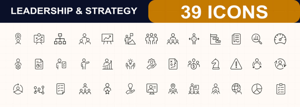 Leadership and strategy glyph icon set for business management. Planning, project, collaboration, meeting, decision tree, workflow, dashboard, document, timeline, analysis. Editable stroke.