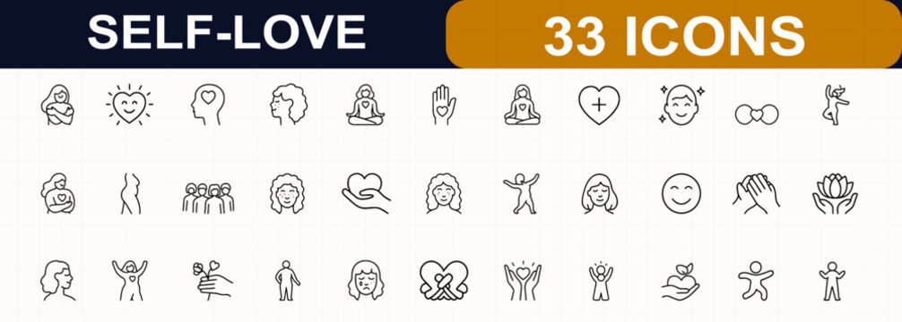 Body positivity and self love line web icons. Diversity, inclusivity, confidence, curvy silhouette, freckles, curly hair, meditation, happiness, mental wellness. Editable stroke. Vector illustration.