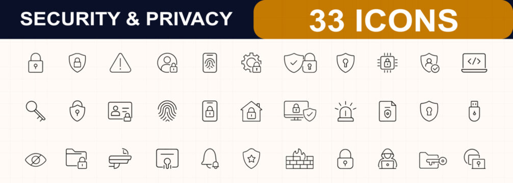 Security and privacy glyph icon set. Cybersecurity, lock, key, fingerprint, shield, passcode, access, encryption, authentication, protection. Editable stroke. Vector illustration.