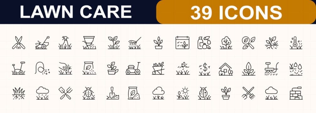 Lawn care and landscaping web icons in line style. mowing, trimming, irrigation, weed control, overseeding, aeration, fertilizer, shrubs, leaves, seasonal cleanup, gardening service. Editable stroke.