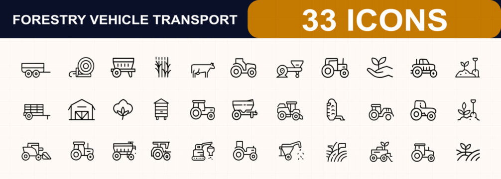 Agricultural and forestry transport line web icons. skidder, trailer, tractor, harvester, irrigation, seed drill, grain, silage, fertilizer, livestock, farm machinery. Editable stroke. Vector.