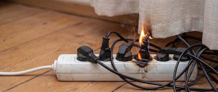 Curtain catching fire from burning overloaded electric power strip with tangled cords. Common home fire hazard scenario