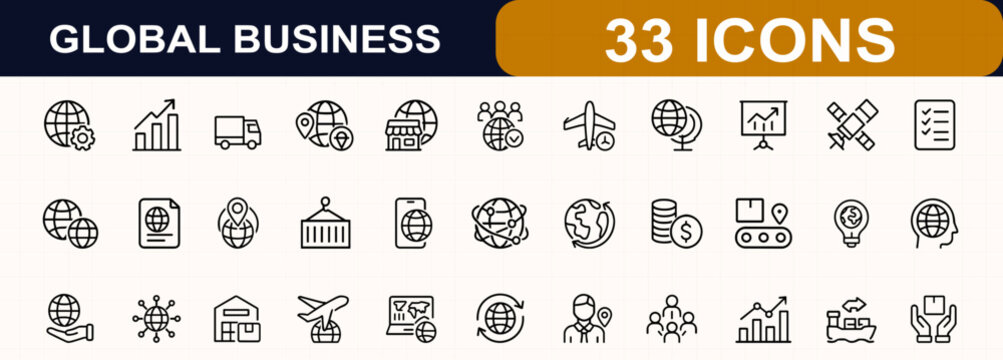 Global trade and international business line web icon set. Commerce, logistics, supplychain, export, import, shipment, transport, economy, network. Editable stroke. Vector illustration.