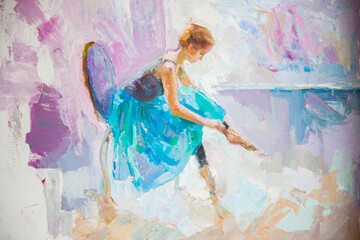 Impressionist oil painting of a graceful ballerina in a vibrant blue dress sitting on a chair and adjusting her pointe shoes. © Mariya Bo