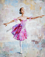 Impressionist oil painting of a graceful ballerina in a vibrant pink tutu performing en pointe against an abstract textured background. © Mariya Bo