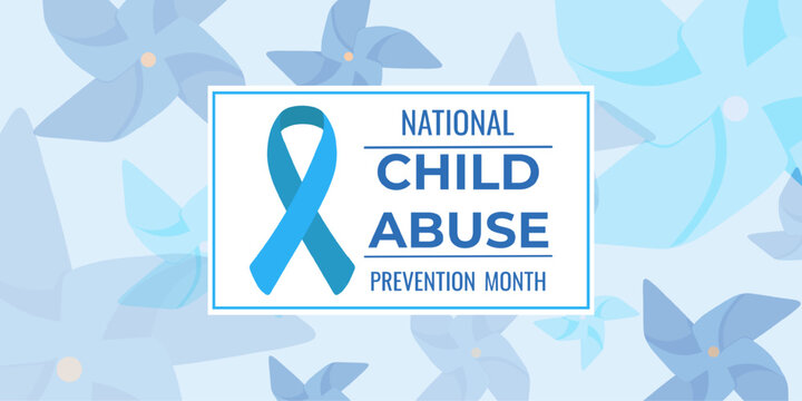 National Child Abuse Prevention Month Banner. Pinwheel pattern . Blue awareness ribbon child protection prevention month campaign. Social support concept for safety, community awareness initiatives