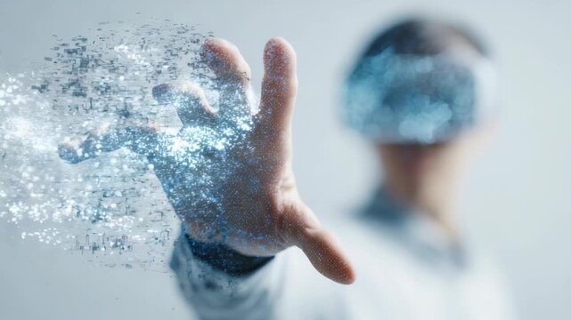 Person explores virtual world using advanced VR goggles, reaching out as his hand transforms into digital particles. This symbolizes cutting edge technology, innovation, future immersive experiences