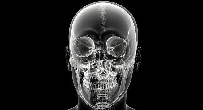 X ray image of a human skull with a dark background