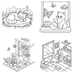 Obraz premium Cute cat with butterflies, dog eating, outline illustration for coloring fun, black and white