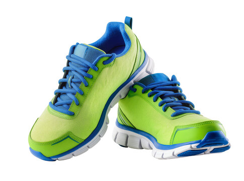 Isolated vibrant green and blue sports sneakers for active workouts and healthy lifestyle