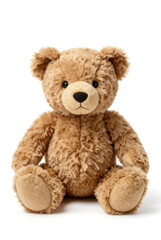 Fototapeta premium A cute sitting brown teddy bear, a soft and furry plush toy isolated on a white background, makes a perfect cuddly gift for a child's childhood