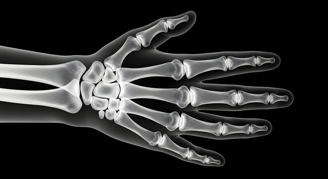 X ray image of a human hand showing skeletal structure