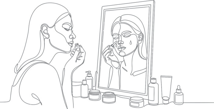 Elegant continuous line art drawing of a woman applying a cosmetic serum to her face while looking at her reflection in the mirror during her daily self-care beauty routine.