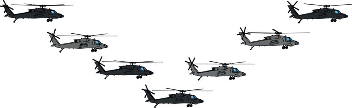 Seven military attack helicopters flying in a precise v-formation demonstrating aviation power and coordinated aerial maneuvers against a white background.