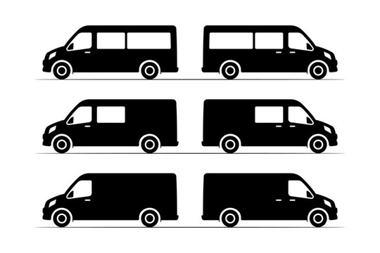Various minibus models icon. Black silhouette. Side view. Vector simple flat graphic illustration. Isolated object on a white background.