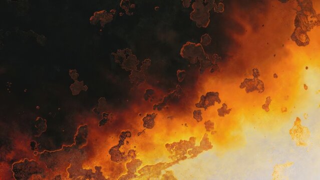 Intense flames engulf dark, textured surfaces