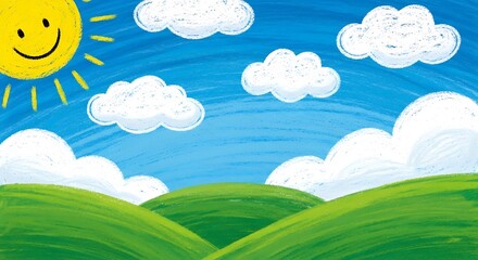 Fototapeta premium Whimsical illustration of a sunny day with smiling sun, fluffy clouds, and rolling green hills