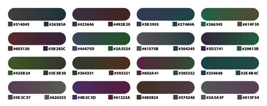 Dark gradient color palette set, 16 professional swatches with hex codes, moody aesthetic color guide for UI design and digital art