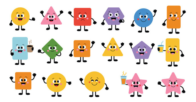 Cute, vector collection of geometric characters including smiling circles, squares, triangles, stars, and polygons, perfect for preschool learning, kids activities, and nursery decoration.