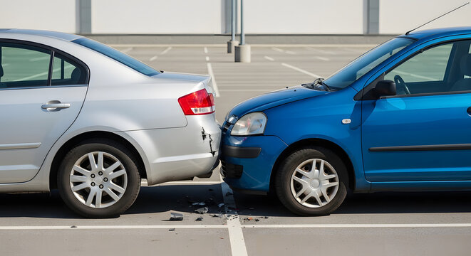 Two cars crashed into each other in a parking lot accident scene transparent background