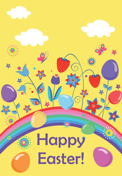 Funny greeting easter vertical card with abstract flowers, colorful Eggs and rainbow
