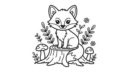 Obraz premium A cute cartoon fox sitting on a tree stump surrounded by mushrooms and flowers