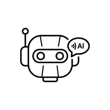 Artificial intelligence robot head icon with ai speech bubble thin line vector illustration smart technology bot assistant symbol for chat service digital software and future automation.