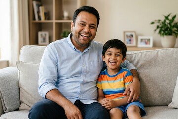 Fototapeta premium Indian Father Son Laughing Together Home Lifestyle