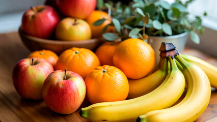 Prato com frutas frescas e coloridas sobre mesa de madeira, incluindo abacaxi cortado, bananas, maçãs vermelhas e laranjas inteiras e em fatias. Composição natural com iluminação suave e fundo desfoca © Matheus