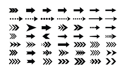 Fototapeta premium Large collection of black arrow icons in various styles, including solid, dotted, and chevron patterns, representing diverse directions and movements for design use.
