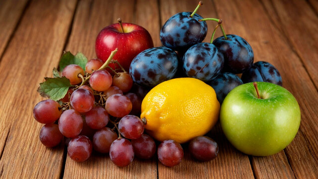 Prato com frutas frescas e coloridas sobre mesa de madeira, incluindo abacaxi cortado, bananas, ma&ccedil;&atilde;s vermelhas e laranjas inteiras e em fatias. Composi&ccedil;&atilde;o natural com ilumina&ccedil;&atilde;o suave e fundo desfoca