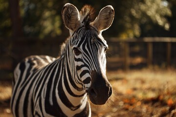 Naklejka premium Beautiful zebra in a sunlit zoo enclosure captured in a closeup portrait