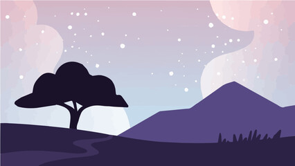 Obraz premium Dreamy night landscape vector illustration with tree mountains stars and purple pink sky
