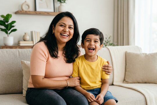 Indian Mother Son Laughing Together Home Lifestyle