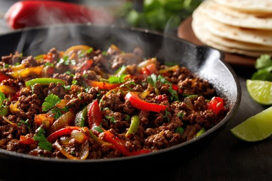 Browned ground beef with spices for taco filling, onions, and peppers