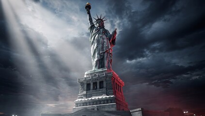 Fototapeta premium The Statue of Liberty stands tall against a dramatic and ominous cloudy sky with rays of light shining through
