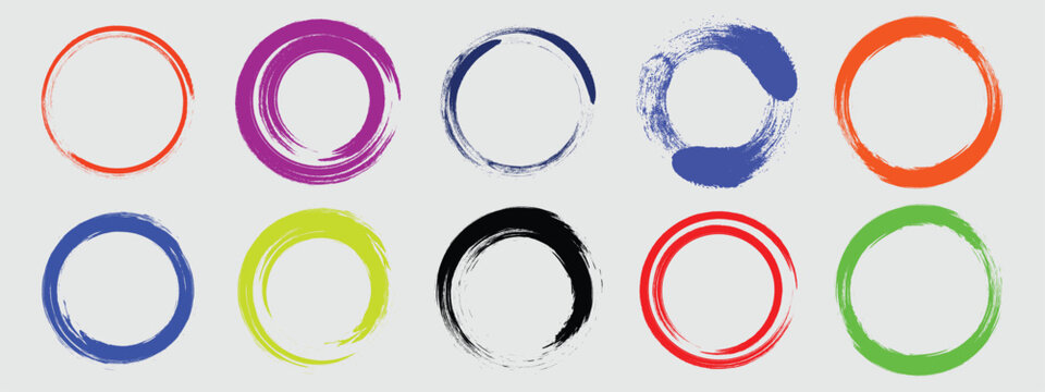 Colorful brush stroke circle frames set. Abstract grunge round borders, hand drawn paint texture rings and zen enso circles for logo design and social media.