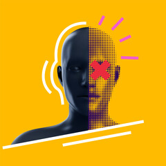 Modern conceptual vector illustration of dark human bust on a yellow background, featuring halftone patterns, red cross over eye, and headphone icons, representing themes of censorship, sound