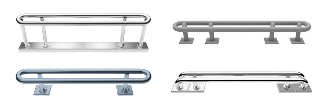 Metal grab bars in different styles and angles metal bars handrails handles isolated on a transparent background