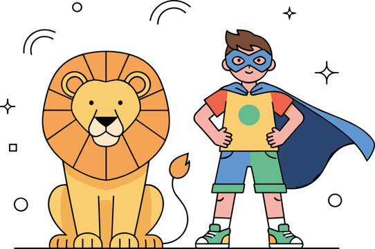 Cute Superhero Kid with Lion Cartoon Illustration Featuring Brave Child Character Animal Companion Adventure Fantasy and Fun Children Vector Design.