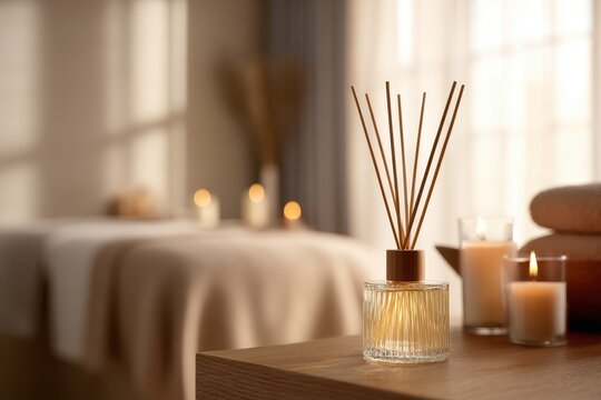 Calm spa room scene: candles burning on a table with diffuser, soft lighting and ample text area