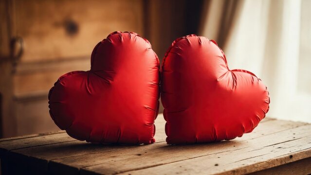 Two plush red hearts rest on a weathered wooden table
