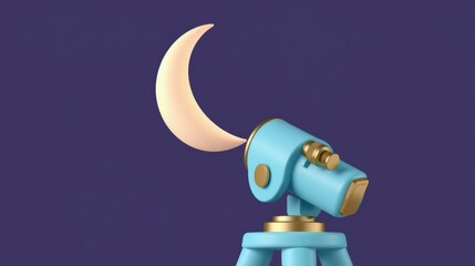 Fototapeta premium Stylized telescope points toward crescent moon. Soft colors, minimalist design, digital rendering. Focus on astronomy, night sky themes.
