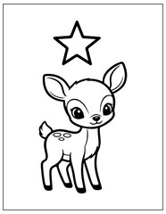 Fototapeta premium Cute deer, cartoon illustration, black and white, coloring book page, kids activity, vector graphics